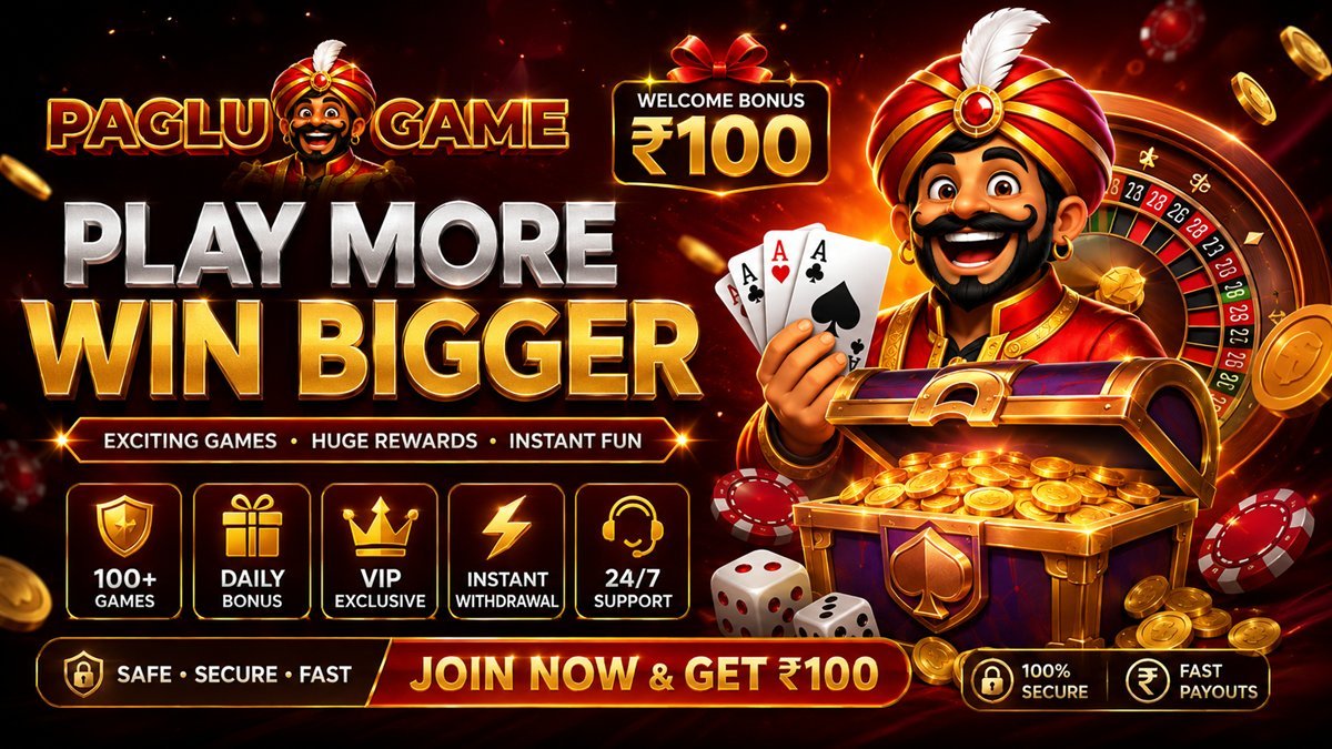 Paglu Game promotional banner — Play More, Win Bigger, with the welcome bonus, 100+ games, daily bonus, VIP exclusive, instant withdrawal and 24/7 support highlights